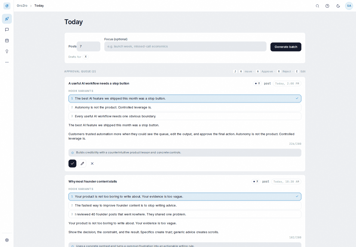 The real GroZro Today approval queue with hook variants, post drafts, and approval controls